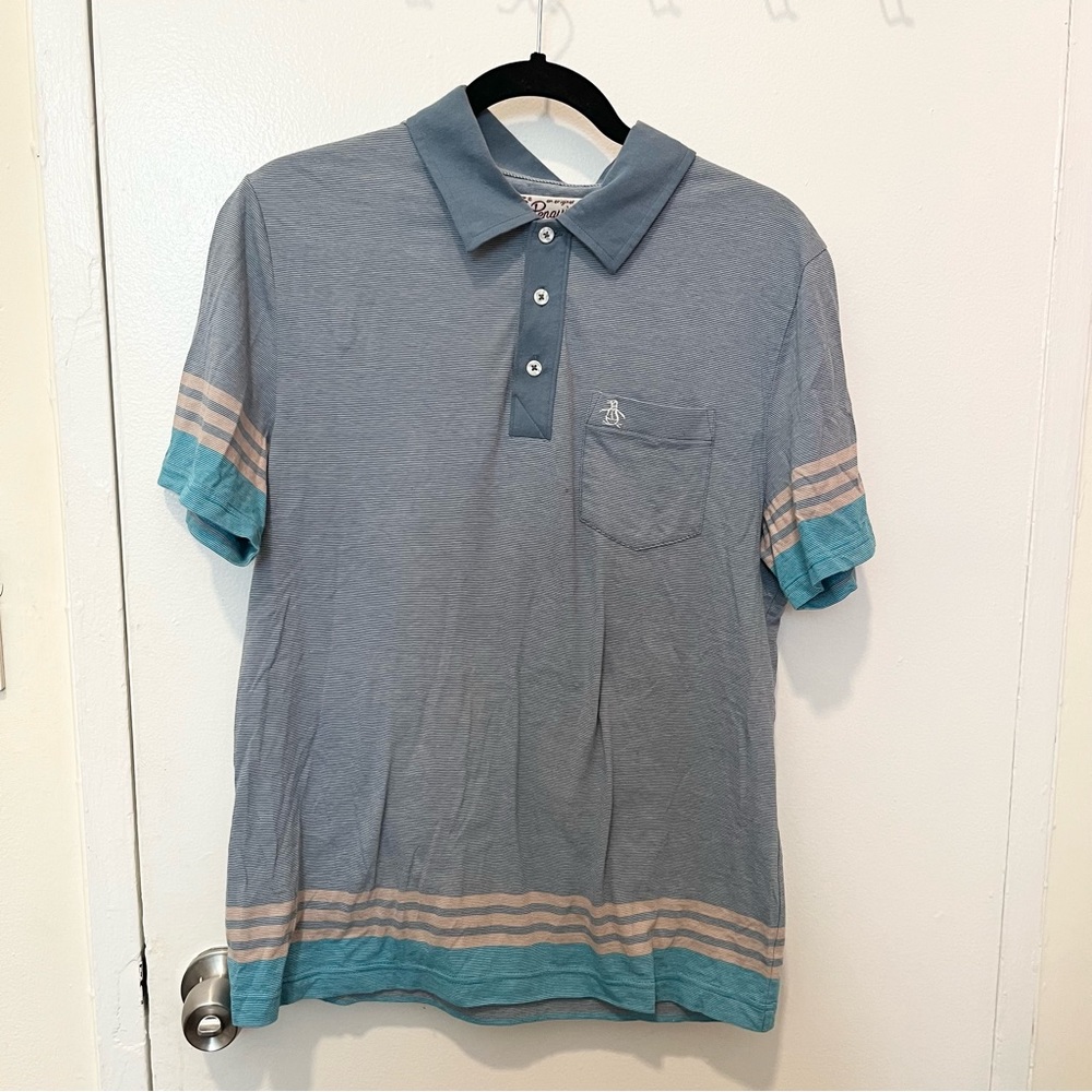 ORIGINAL PENGUIN Muningswear polo t shirt blue stripe large slim